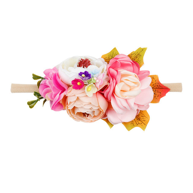 IBOWS Hair Accessories Lovely Baby Headband Fake Flower Nylon Hair Bands For Kids Artificial Floral Elastic Head Bands Headwear