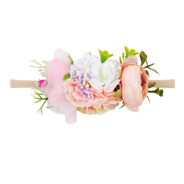 IBOWS Hair Accessories Lovely Baby Headband Fake Flower Nylon Hair Bands For Kids Artificial Floral Elastic Head Bands Headwear