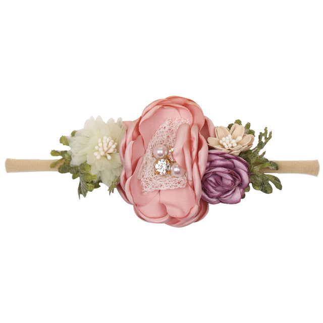 IBOWS Hair Accessories Lovely Baby Headband Fake Flower Nylon Hair Bands For Kids Artificial Floral Elastic Head Bands Headwear