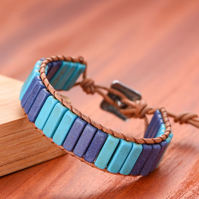 Chakra Bracelet Jewelry Handmade Multi Color Natural Stone Tube Beads Leather Wrap Couples Bracelets Creative Gifts
