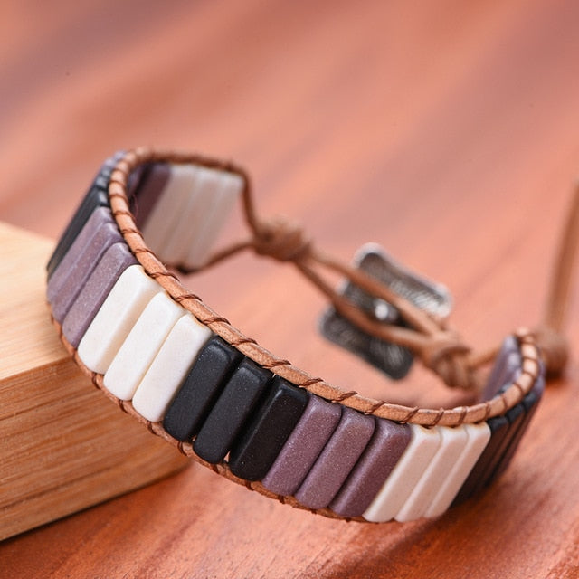 Chakra Bracelet Jewelry Handmade Multi Color Natural Stone Tube Beads Leather Wrap Couples Bracelets Creative Gifts