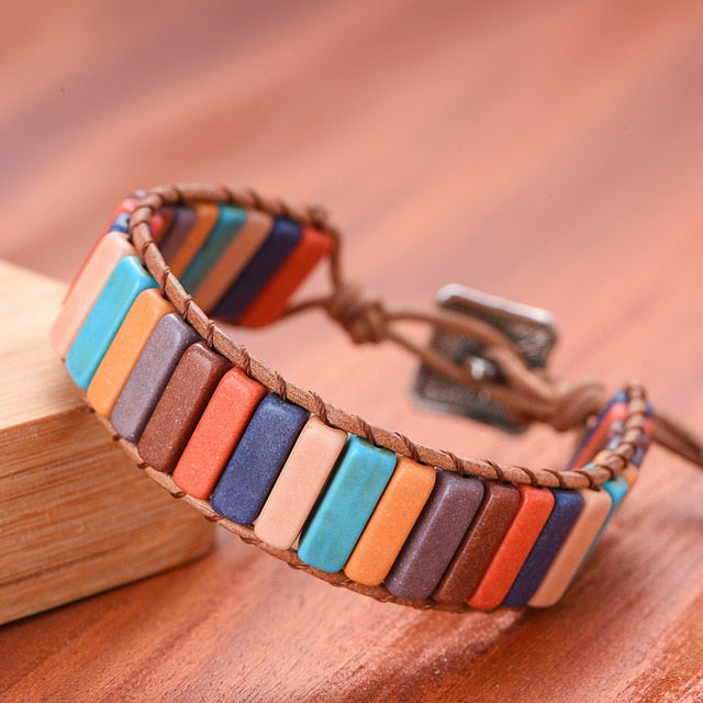 Chakra Bracelet Jewelry Handmade Multi Color Natural Stone Tube Beads Leather Wrap Couples Bracelets Creative Gifts