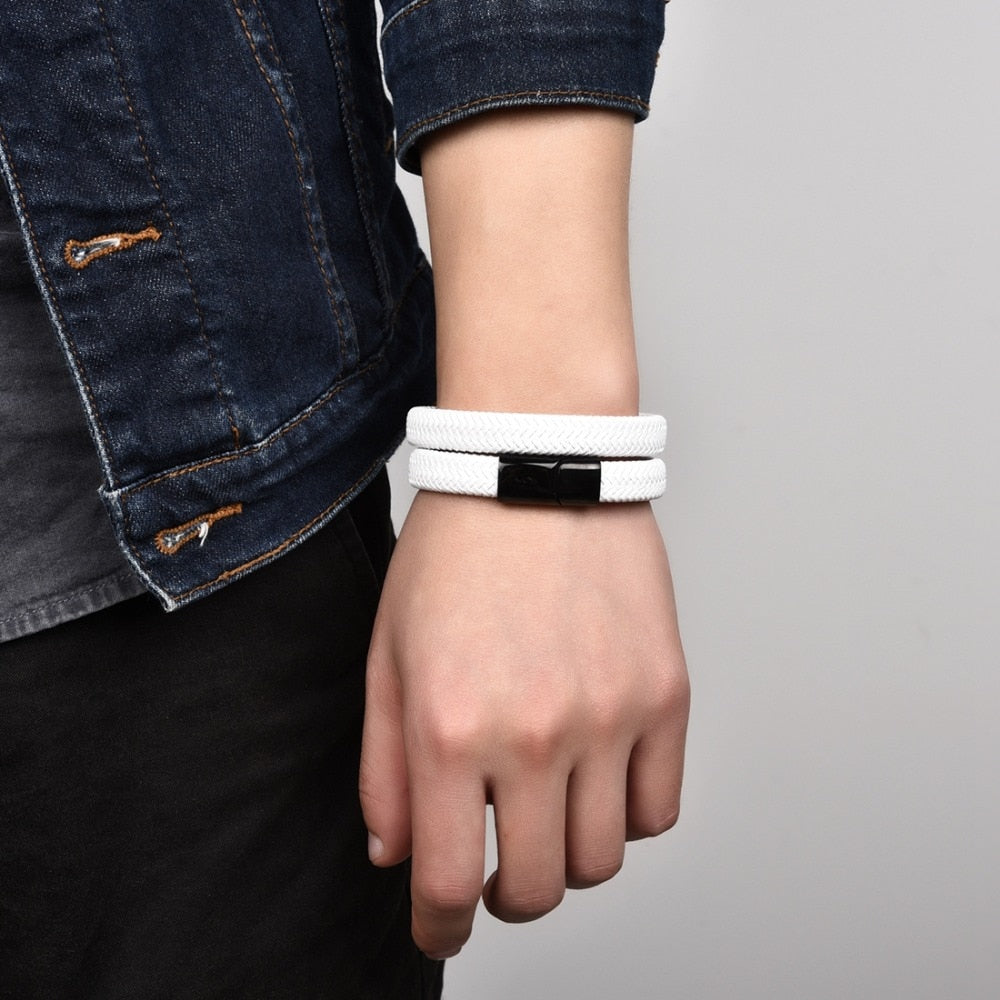 Jiayiqi 2019 Chic Braided Men Bracelet White Leather Bracelet Titanium Steel Clasp Male Jewelry Silver/Gold/Rose Gold Buckle