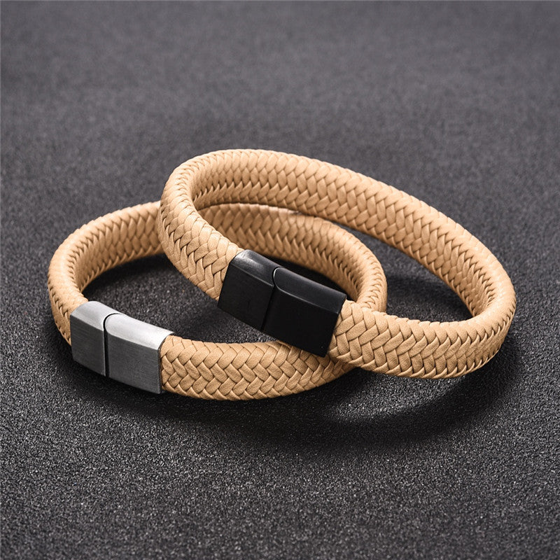 Jiayiqi 2019 Chic Braided Men Bracelet White Leather Bracelet Titanium Steel Clasp Male Jewelry Silver/Gold/Rose Gold Buckle