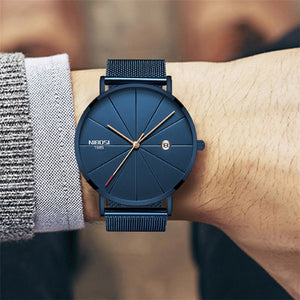 Men Blue Stainless Steel Ultra Thin Watches for Me. Classic Quartz Watch. Luxury Date Men's Wrist Watch