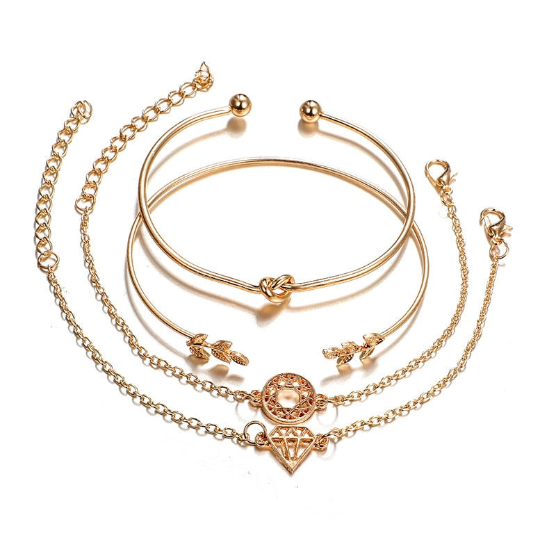 4pcs/Set Fashion Bohemia Leaf Knot Hand Cuff Link Chain Charm Bracelet Bangle for Women Gold Bracelets Femme Jewelry 6115
