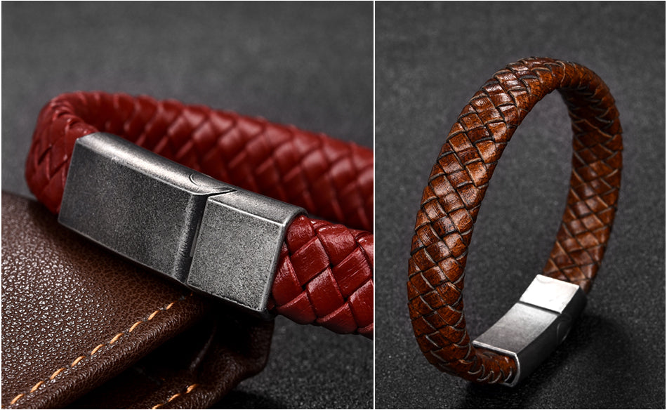 Men Jewelry Black/Brown Braided Leather Bracelet Stainless Steel Magnetic Clasp Fashion Bangles 18.5/22/20.5cm