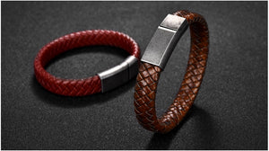 Men Jewelry Black/Brown Braided Leather Bracelet Stainless Steel Magnetic Clasp Fashion Bangles 18.5/22/20.5cm