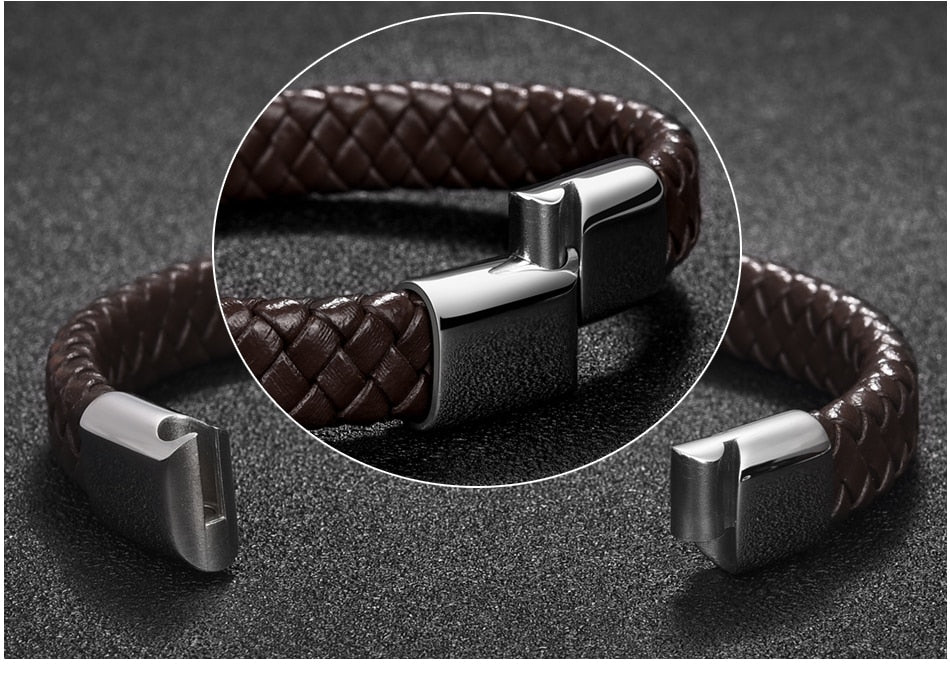 Men Jewelry Black/Brown Braided Leather Bracelet Stainless Steel Magnetic Clasp Fashion Bangles 18.5/22/20.5cm
