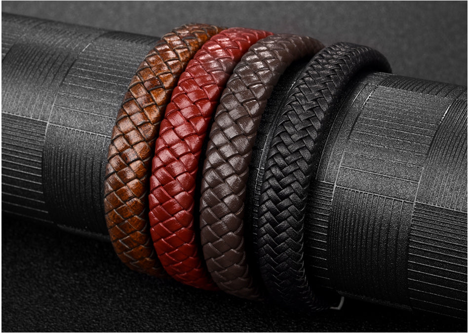 Men Jewelry Black/Brown Braided Leather Bracelet Stainless Steel Magnetic Clasp Fashion Bangles 18.5/22/20.5cm