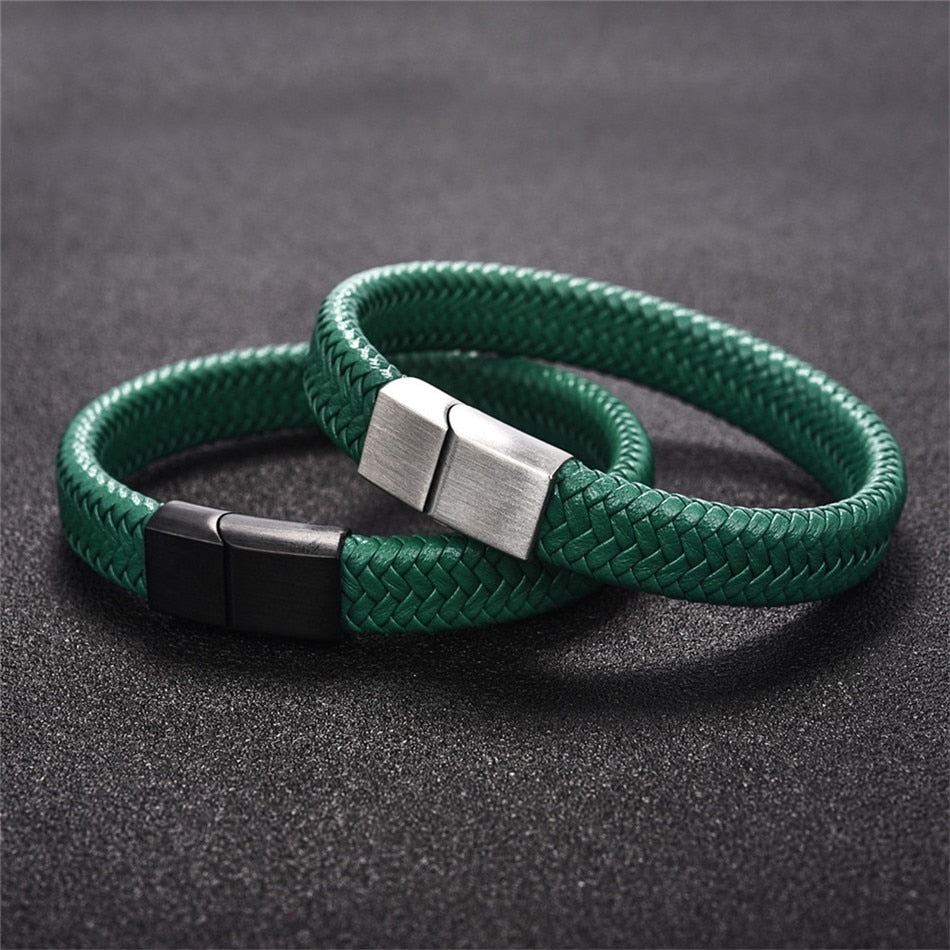 Men Jewelry Black/Brown Braided Leather Bracelet Stainless Steel Magnetic Clasp Fashion Bangles 18.5/22/20.5cm