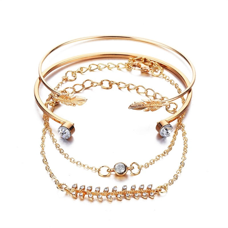 4 Pcs/set Women's Fashion Crystal Leaves Geometric Chain Gold Bracelet Set Bohemian KISS WIFE Vintage Jewelry Wholesale
