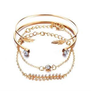 4 Pcs/set Women's Fashion Crystal Leaves Geometric Chain Gold Bracelet Set Bohemian KISS WIFE Vintage Jewelry Wholesale