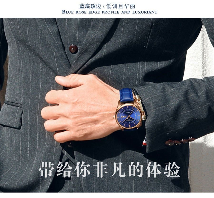 High Quality Rose Gold Dial Watch for Men. Leather Waterproof 30M Watches. Business Fashion Quartz Movement. Auto Date Male Watch
