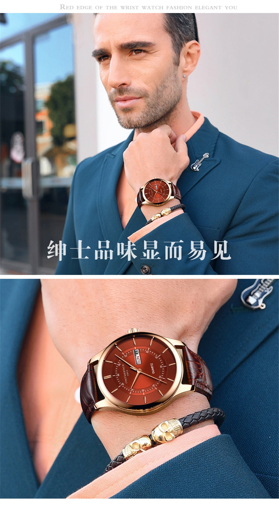 High Quality Rose Gold Dial Watch for Men. Leather Waterproof 30M Watches. Business Fashion Quartz Movement. Auto Date Male Watch