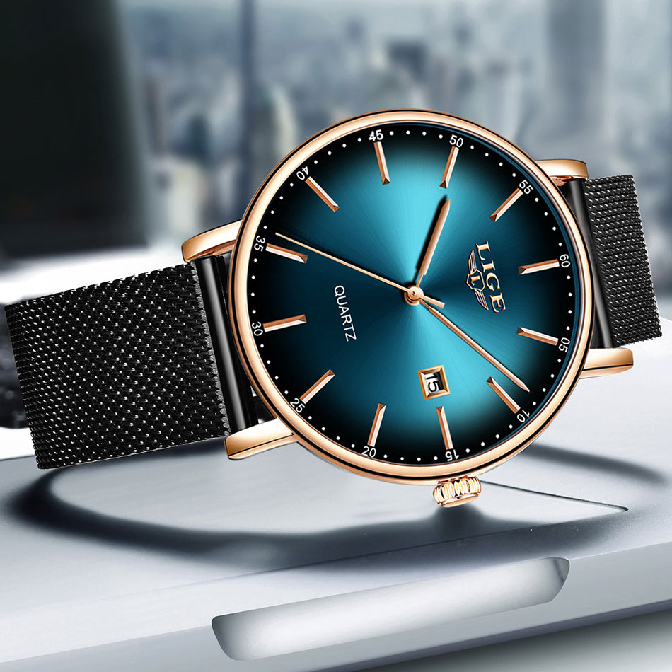 Fashion Men Watches Top Brand Luxury Blue Waterproof Watches, Ultra Thin Date Simple Casual Quartz Watch Men Sports Clock