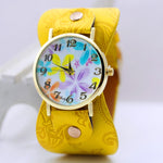 Printed leather Bracelet Wristwatch Wide band women dress Watch colorful flowers Women Casual Watch girl's gift