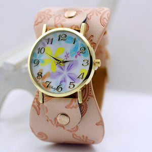 Printed leather Bracelet Wristwatch Wide band women dress Watch colorful flowers Women Casual Watch girl's gift