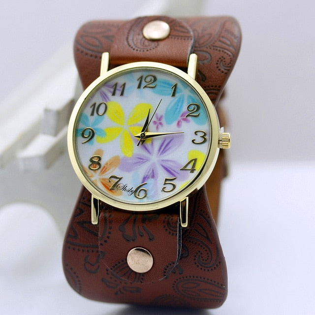 Printed leather Bracelet Wristwatch Wide band women dress Watch colorful flowers Women Casual Watch girl's gift