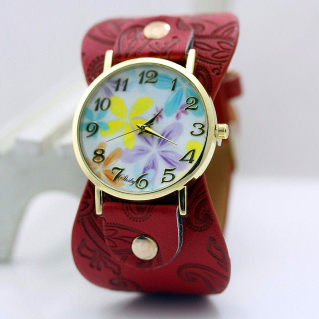 Printed leather Bracelet Wristwatch Wide band women dress Watch colorful flowers Women Casual Watch girl's gift