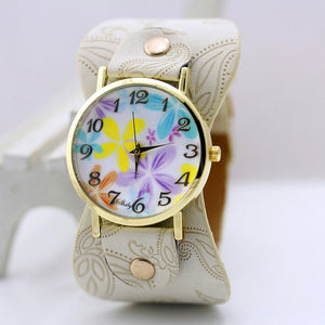 Printed leather Bracelet Wristwatch Wide band women dress Watch colorful flowers Women Casual Watch girl's gift