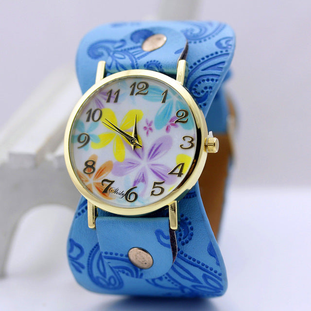 Printed leather Bracelet Wristwatch Wide band women dress Watch colorful flowers Women Casual Watch girl's gift