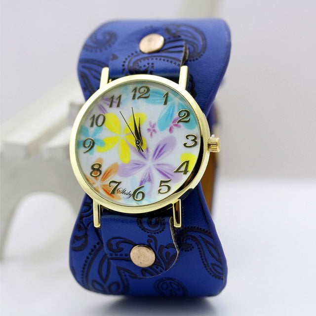 Printed leather Bracelet Wristwatch Wide band women dress Watch colorful flowers Women Casual Watch girl's gift
