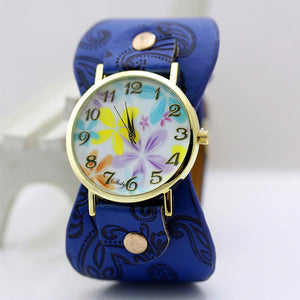 Printed leather Bracelet Wristwatch Wide band women dress Watch colorful flowers Women Casual Watch girl's gift