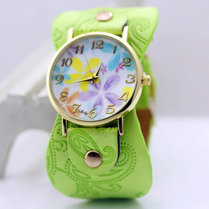 Printed leather Bracelet Wristwatch Wide band women dress Watch colorful flowers Women Casual Watch girl's gift