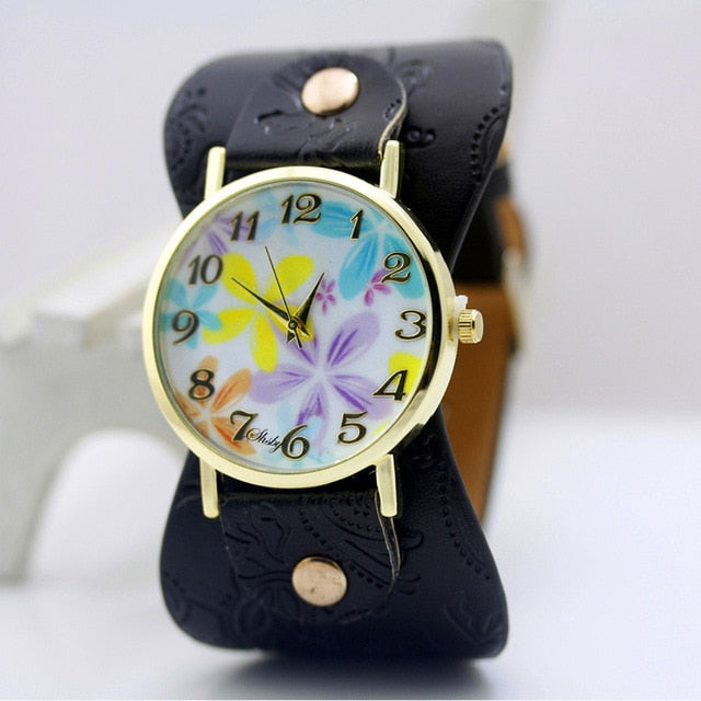 Printed leather Bracelet Wristwatch Wide band women dress Watch colorful flowers Women Casual Watch girl's gift