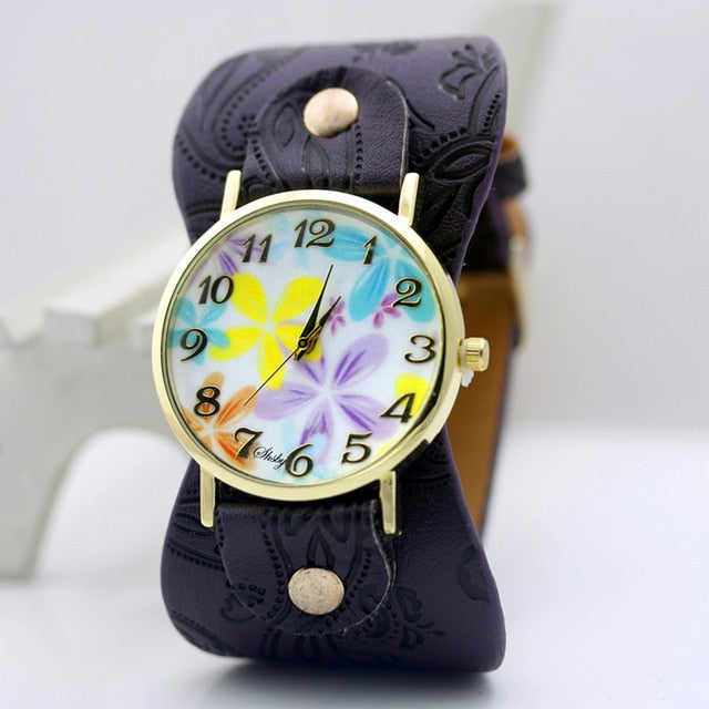 Printed leather Bracelet Wristwatch Wide band women dress Watch colorful flowers Women Casual Watch girl's gift