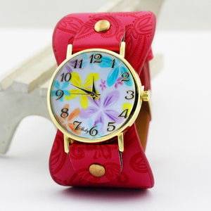 Printed leather Bracelet Wristwatch Wide band women dress Watch colorful flowers Women Casual Watch girl's gift