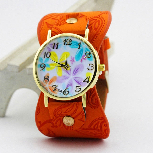 Printed leather Bracelet Wristwatch Wide band women dress Watch colorful flowers Women Casual Watch girl's gift