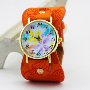 Printed leather Bracelet Wristwatch Wide band women dress Watch colorful flowers Women Casual Watch girl's gift