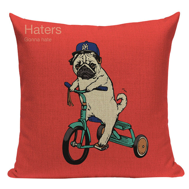 Pug Sports Cycling Cute Cushion Cover, Throw Pet Pug Pillow Cover. Decorative Pillow Case.