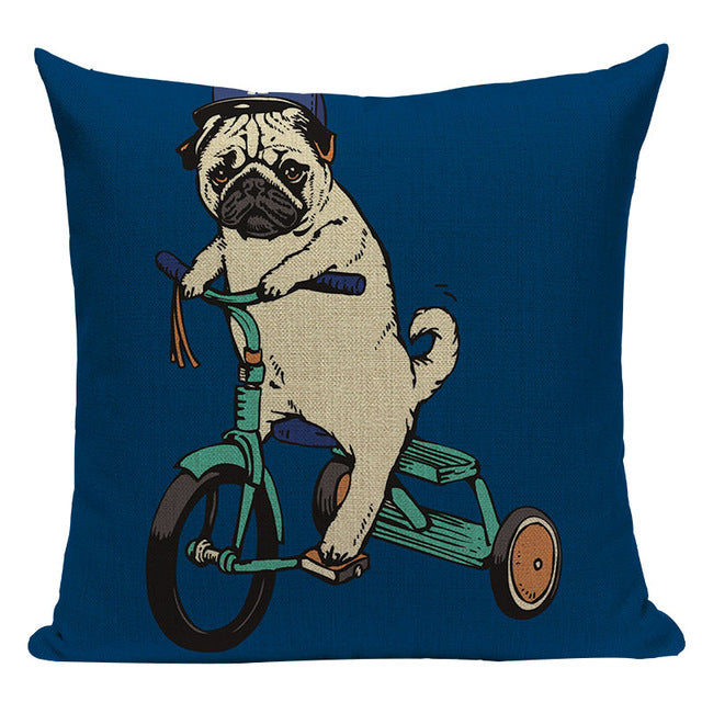 Pug Sports Cycling Cute Cushion Cover, Throw Pet Pug Pillow Cover. Decorative Pillow Case.