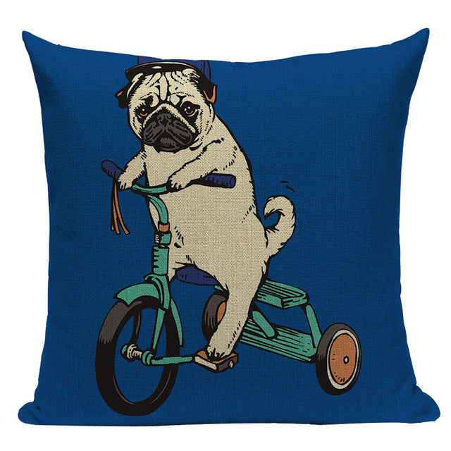 Pug Sports Cycling Cute Cushion Cover, Throw Pet Pug Pillow Cover. Decorative Pillow Case.