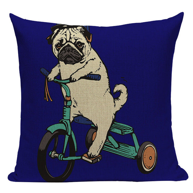 Pug Sports Cycling Cute Cushion Cover, Throw Pet Pug Pillow Cover. Decorative Pillow Case.