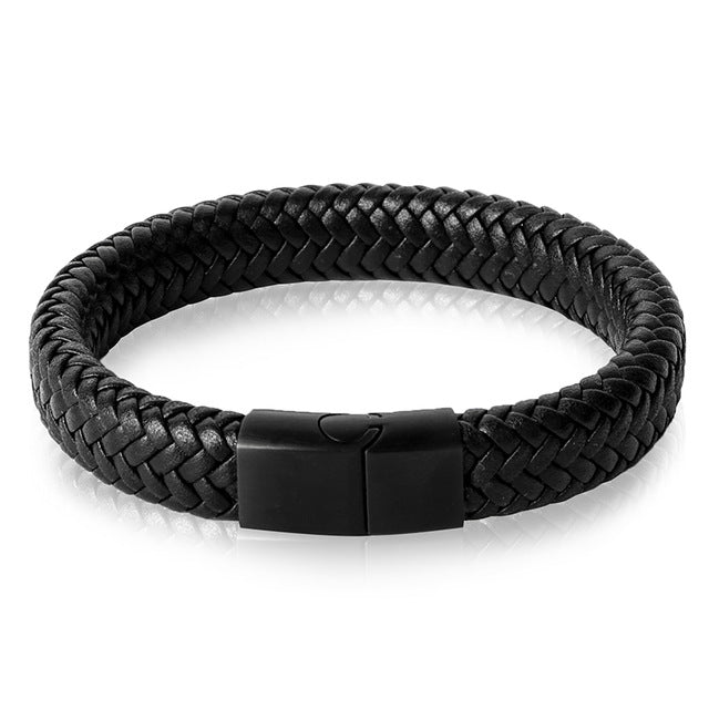 Men Jewelry Black/Brown Braided Leather Bracelet Stainless Steel Magnetic Clasp Fashion Bangles 18.5/22/20.5cm