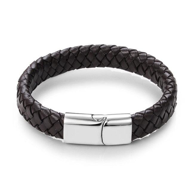 Men Jewelry Black/Brown Braided Leather Bracelet Stainless Steel Magnetic Clasp Fashion Bangles 18.5/22/20.5cm