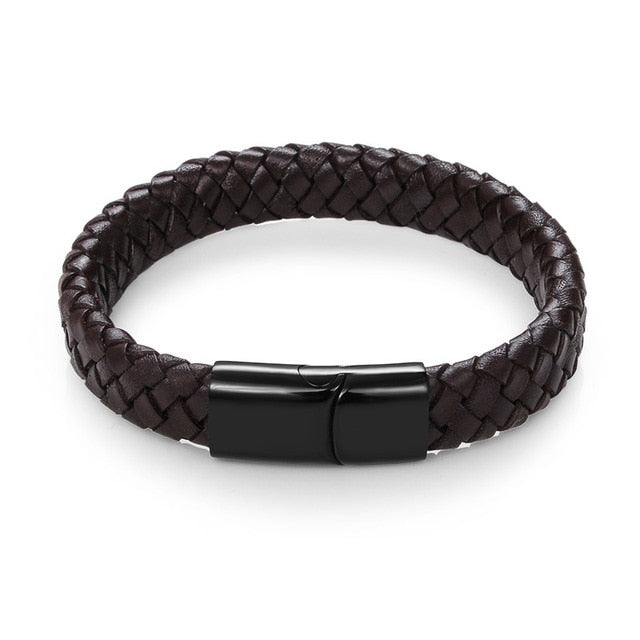 Men Jewelry Black/Brown Braided Leather Bracelet Stainless Steel Magnetic Clasp Fashion Bangles 18.5/22/20.5cm