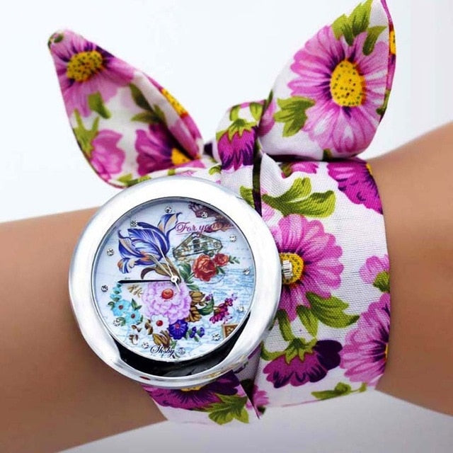 design  Ladies flower cloth wristwatch fashion women dress watch high quality fabric watch sweet girls Bracelet  watch