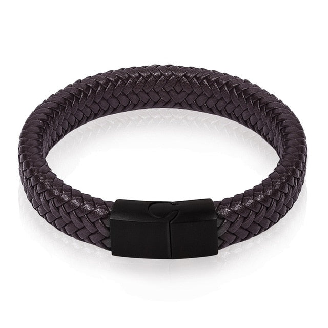 Men Jewelry Black/Brown Braided Leather Bracelet Stainless Steel Magnetic Clasp Fashion Bangles 18.5/22/20.5cm