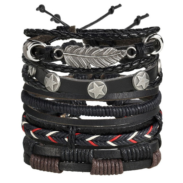 Vintage Leaf Feather Multilayer Leather Bracelet Men Fashion Braided Handmade Star Rope Wrap Bracelets & Bangles Male Gift