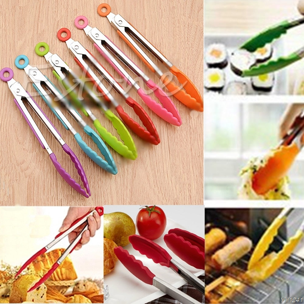 NEW Silicone Kitchen Cooking Salad Serving BBQ Tongs Stainless Steel Handle Utensil