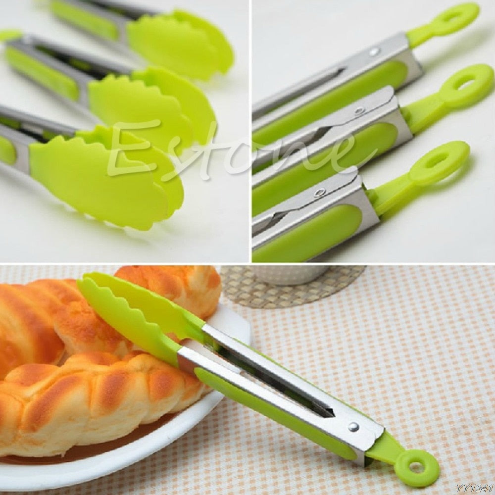 NEW Silicone Kitchen Cooking Salad Serving BBQ Tongs Stainless Steel Handle Utensil