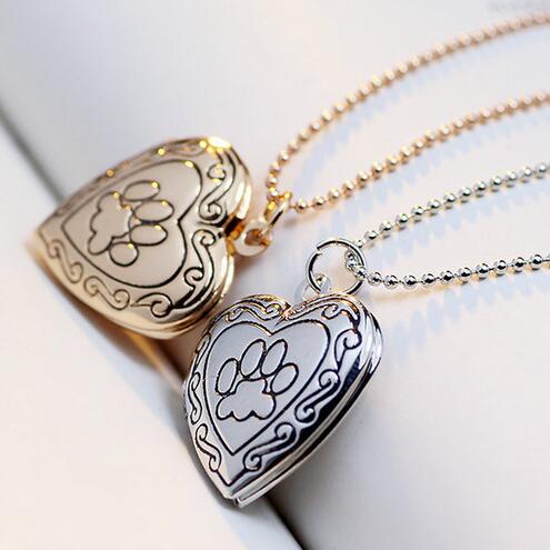 Memory Heart Pendant Footprint Frame Cat or Dog Locket. Fashion Pet Jewelry.