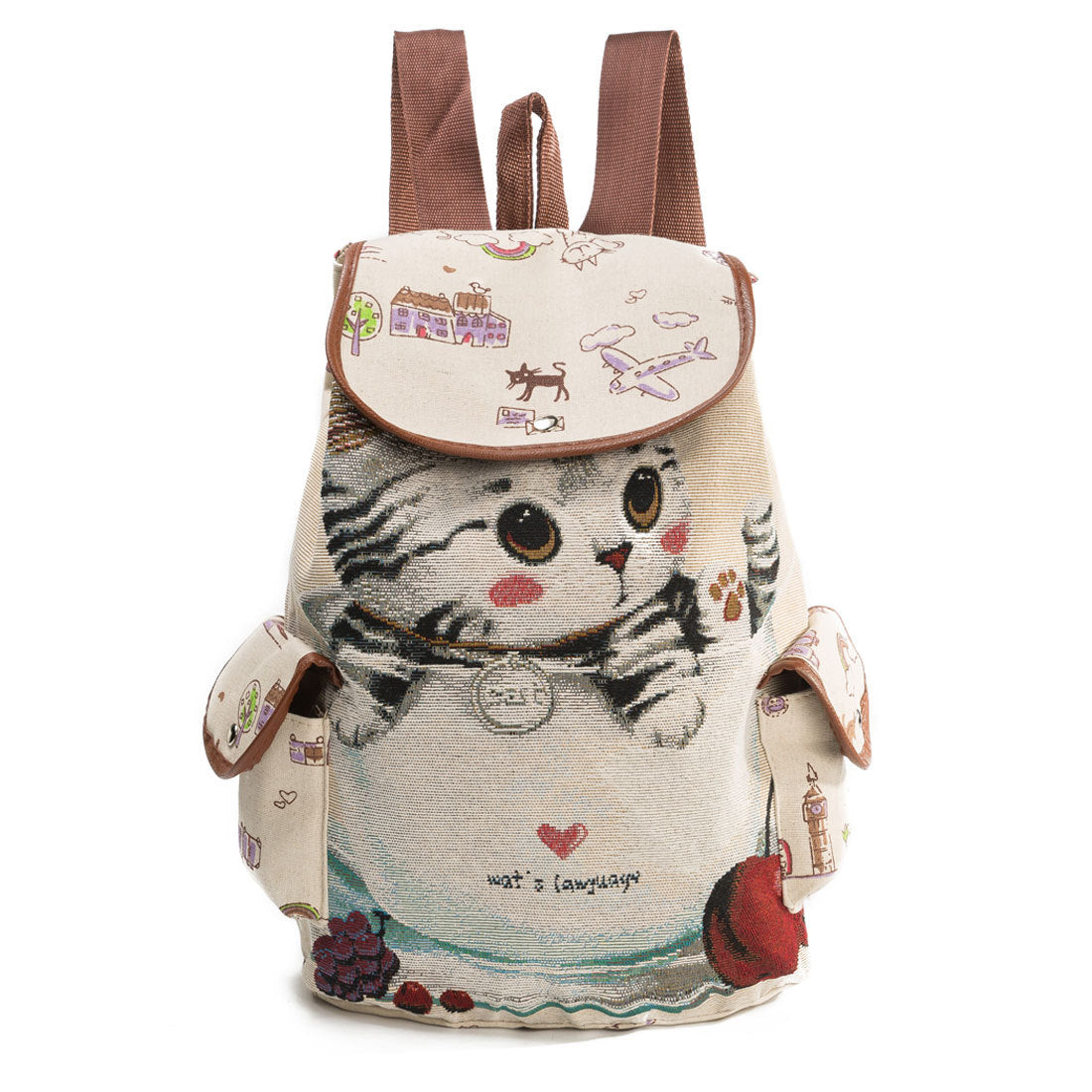 Lovely Cat print Backpack for Women, Canvas Backpack Drawstring,  large capacity packs For Teenage Girls good for School
