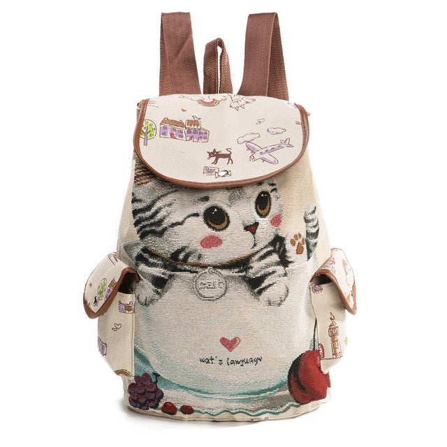 Lovely Cat print Backpack for Women, Canvas Backpack Drawstring,  large capacity packs For Teenage Girls good for School