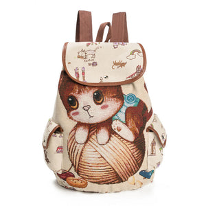 Lovely Cat print Backpack for Women, Canvas Backpack Drawstring,  large capacity packs For Teenage Girls good for School